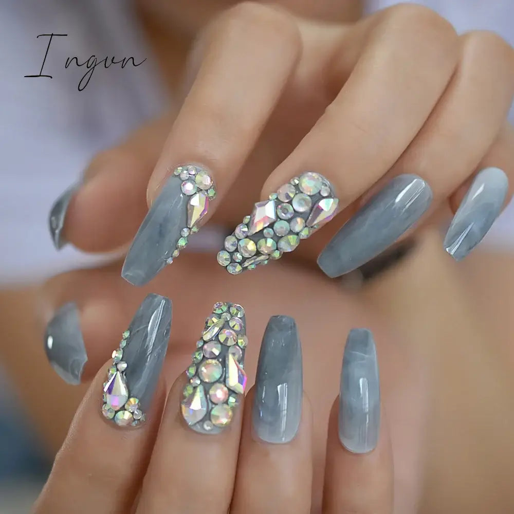 Extra Long Stiletto Press on False Nails Full Cover 3D Rhinestone Fake Nails Manicure Nail Art Tips Set for Wedding Party
