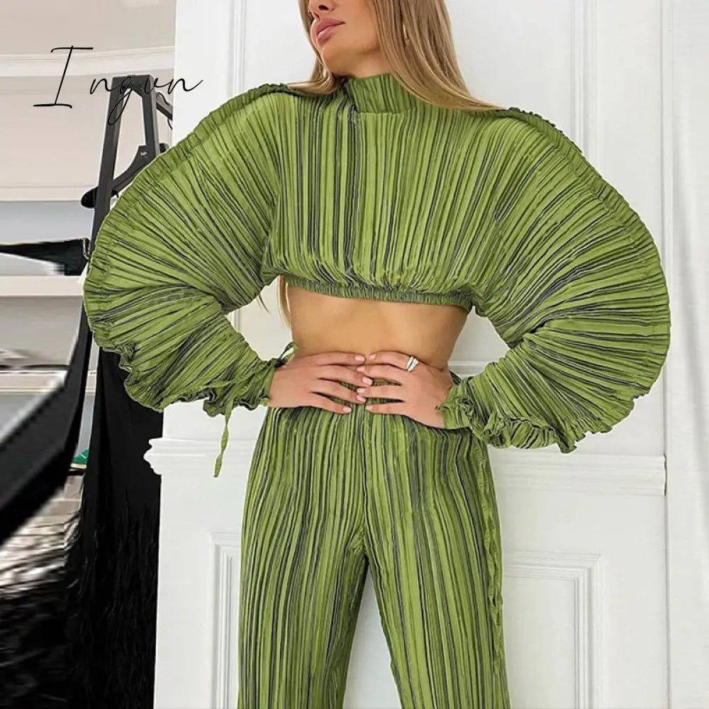 Ingvn - Green Tops Woman Casual Loose Short Ins Festival Tee Shirt Bat Sleeve Irregular Pullover Ins Women's Pleated Fold