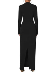 S-2XL Fashion Autumn Women's Slim Fit Long Dress, Long Sleeved Slit Pleated Dress, Elegant Party Wedding Dress