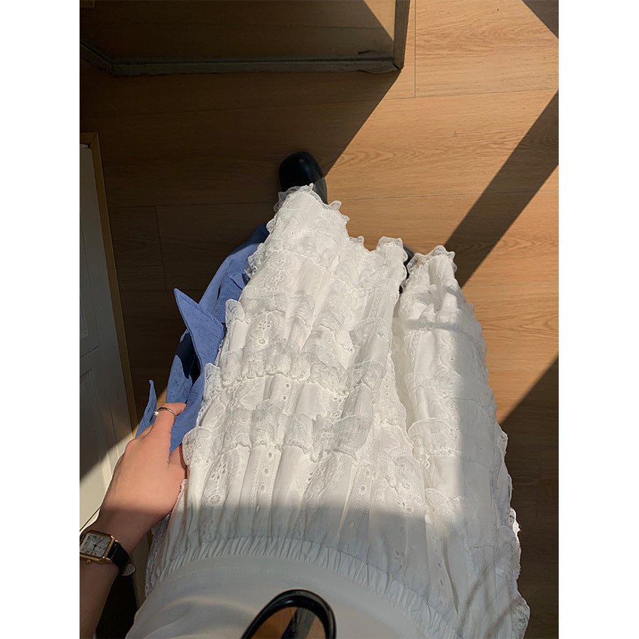 Ballet Style Cake Skirt Women's Spring Korean A- shaped Lace Stitching Mid-length Skirt