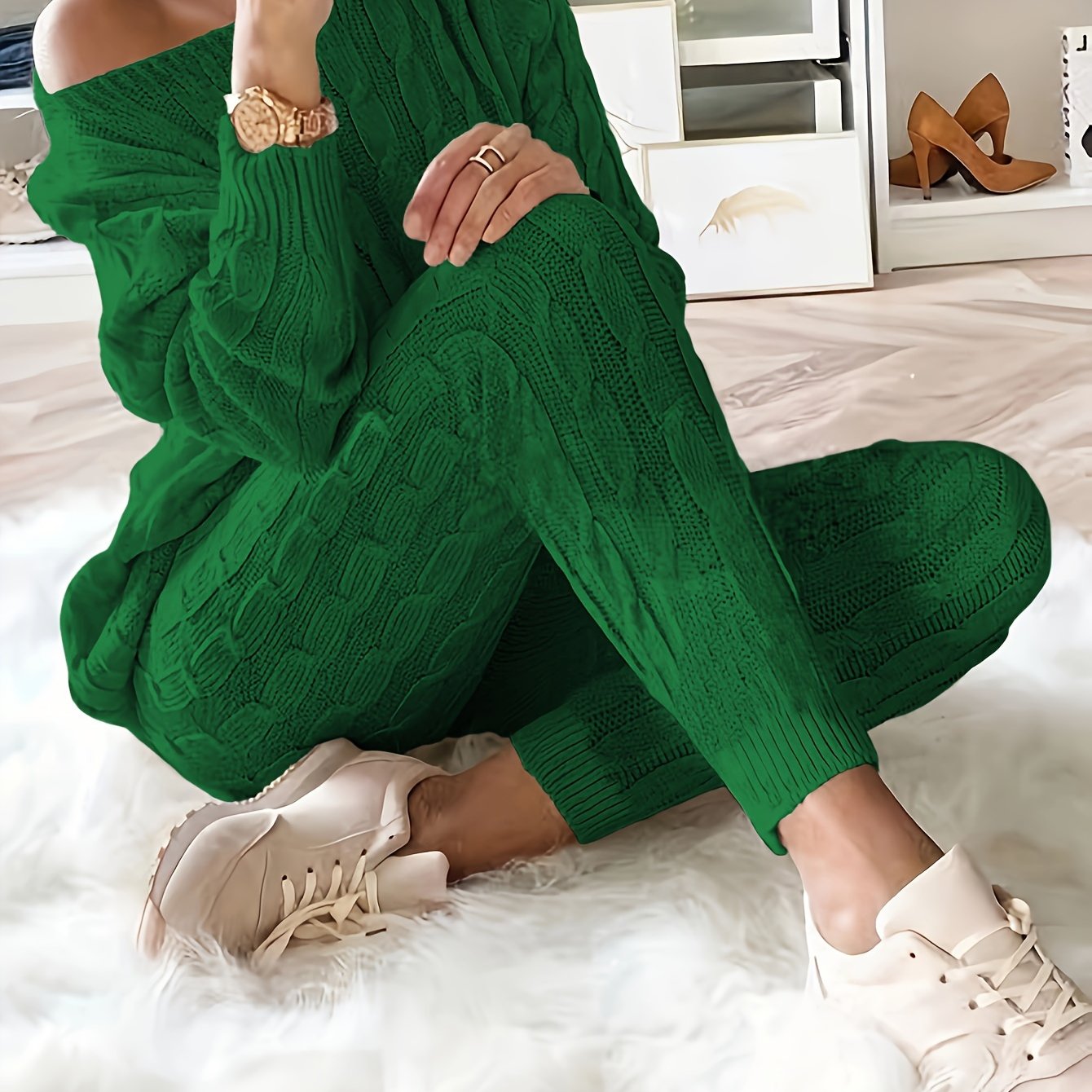 Solid Knitted Matching Two-piece Set, Casual Long Sleeve Sweater & Pants Outfits, Women's Clothing