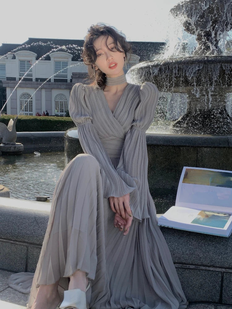 Women's French Ruffle Irregular Long Dresses Elegant Fashion Fairy Pleated Party Evening One Piece Dress Korean Female Clothings