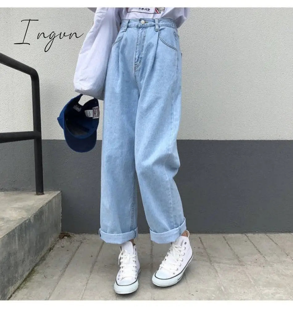 Ingvn - Jeans Women Solid Vintage High Waist Wide Leg Denim Trousers Simple Students All-match Loose Fashion Harajuku Womens Chic Casual