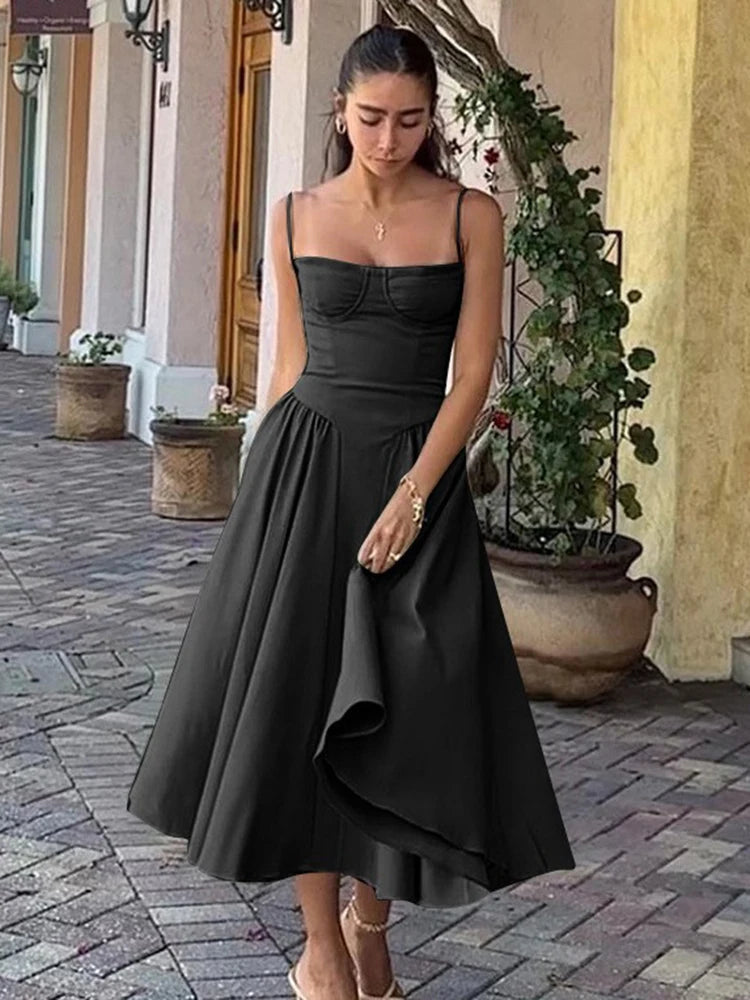Elegant Women Dress Spaghetti Strap A-line Loose Midi Dresses Female Sleeveless Backless French Retro Long Dress