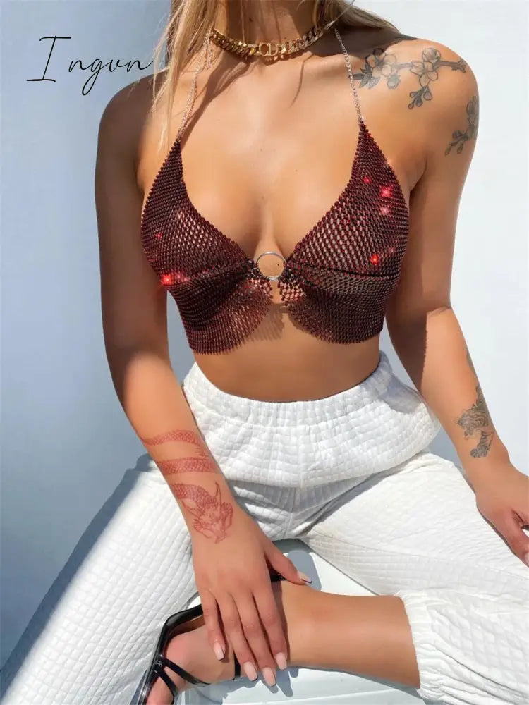 Ingvn - Sexy Crop Top Women Two Piece Set Festival Beach Club Outfits Party Tank Top T Shirt Woman Halter Rhinestones Tops Summer