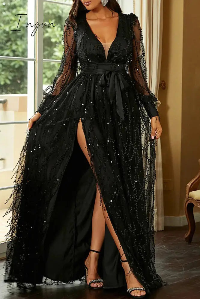 Ingvn - Elegant Formal Print Tassel Sequins High Opening V Neck Evening Dress Dresses
