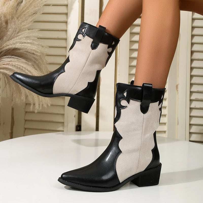 Ingvn  Vintage Women Western Cowgirl Boots Boots Fashion Slip On Short Booties Ladies Square Heels Largas Booties