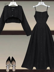 Ingvn - Fall Winter Two Piece Sets Women Outfits Korean Casual Long Sleeve Twist Knitted Short Sweater And Straped High Waist Dress Sets