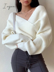 Ingvn - Criss-cross V-neck Knitted Sweater Women Long Sleeve Jumper Femme Sexy Elegant Party Clubwear Pullover Knit Tops Female