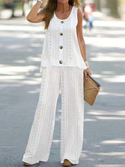Two-piece Solid Matching Set, Casual Wide Leg Pants & Eyelet Tank Top Outfits for Women