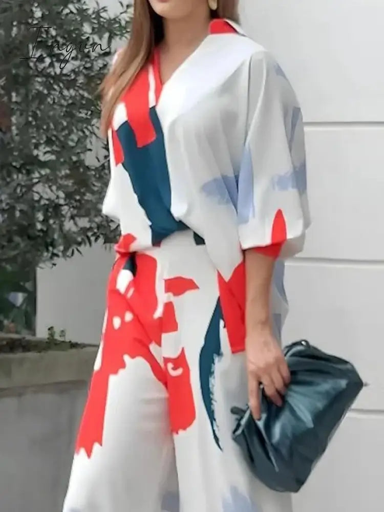Ingvn - Women's Shirt Pants Sets White Graphic Print 3/4 Length Sleeve Casual Daily Fashion V Neck Regular Fit Spring &  Fall