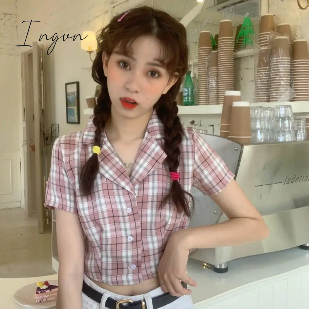 Ingvn - Summer blouse women vintage crop shirt streetwear plaid ladies tops elegant button up shirt korean crop top red