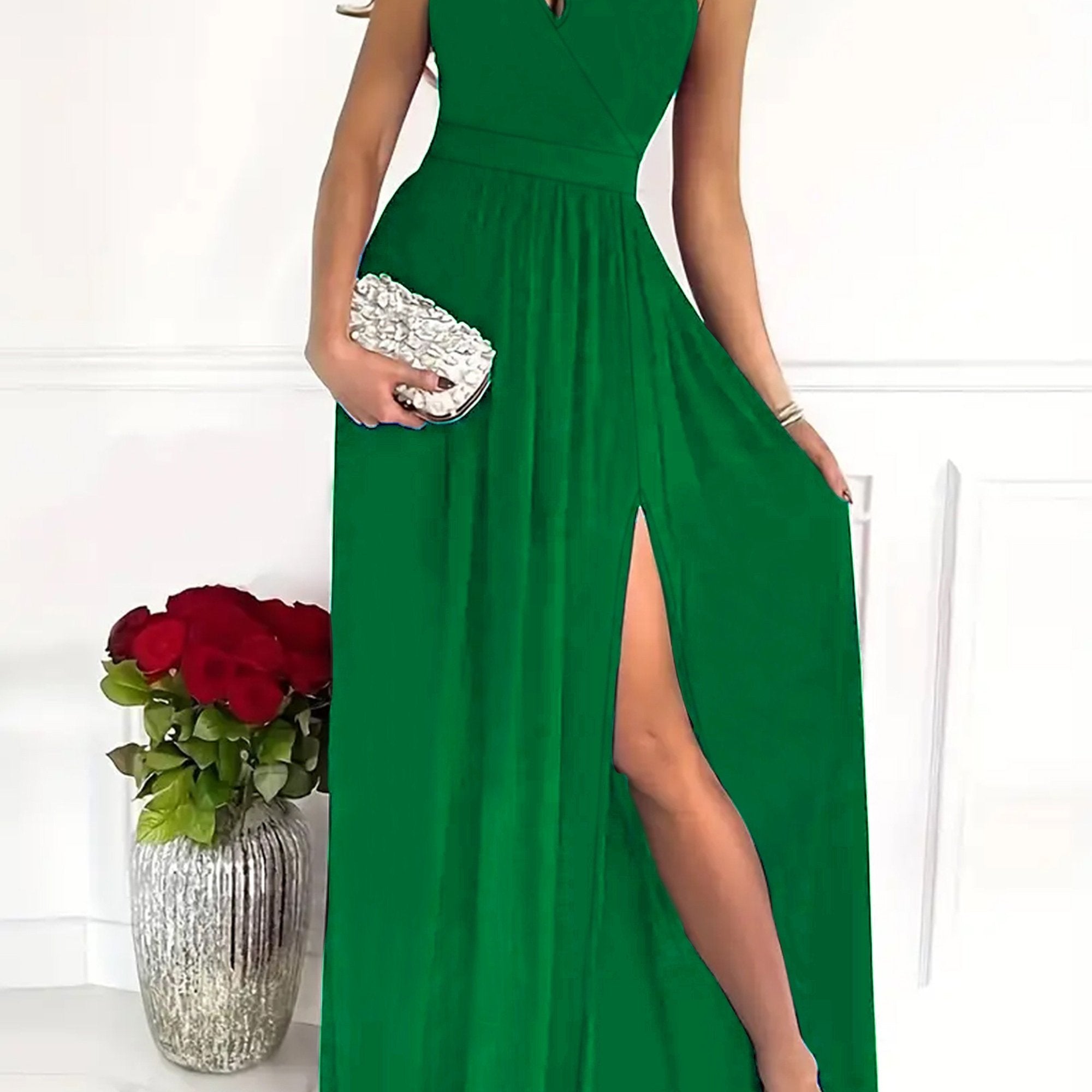Solid One Shoulder Split Aline Dress, Elegant Ruffle Hem Sleeveless Asymmetrical Dress For Club & Party, Women's Clothing