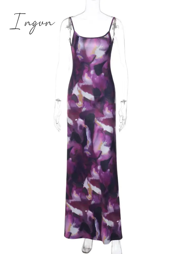 Ingvn - Purple Print Backless Maxi Dress Women Spaghetti Strap Bodycon Long Slipdress Ladies Fashion Sexy Long Dress Clubwear