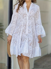 Elegant V Neck Hollow Ruffle Hem Flared Sleeve Dress, Women's Solid Wedding Clothing