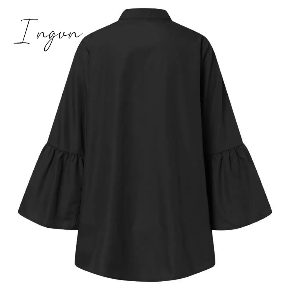 Ingvn - White Shirts Summer Women Solid Flare Sleeve Shirts Spring Blouse Sexy V Neck Button Up Office Shirt Femininas Blusas