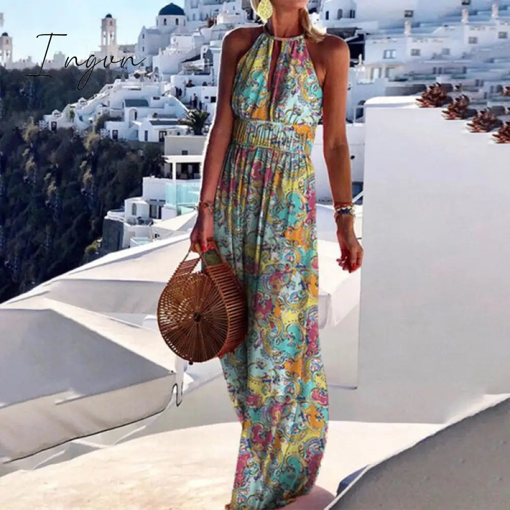 Ingvn - Summer Boho Floral Print Long Party Dress Women Elegant Halter Sleeveless Maxi Dress Spring Backless Hollow Out Dresses 2XL