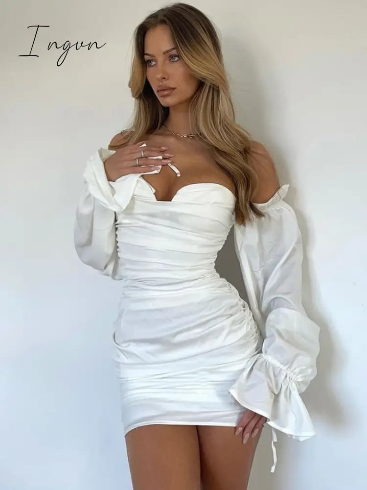 Ingvn - Trends Solid Women Spring Autumn Women Puff Long Sleeve Off Shoulder Satin Mini Dress Ruched Bodycon Sexy Party Elegant