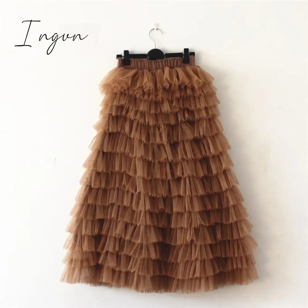 Ingvn - jupe femme Spring Party Skirt Elastic High Waist Long Tulle Skirt Women Multilayer ruffles Pink Mesh Tutu Skirt Ladies