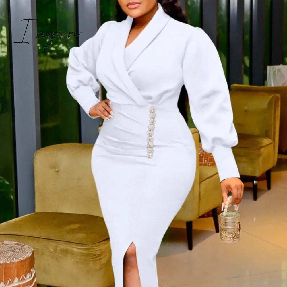 Ingvn - Elegant Long Dresses Fall Winter 2023 Women Notched Neck Puff Sleeve Buttons Slit Slim Dress Office Party Club Events Wear 4XL