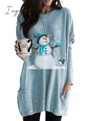 Ingvn - Women's Christmas Casual Dress T Shirt Dress Tee Dress Shift Dress Mini Dress Blue Long Sleeve Snowman Pocket Winter Fall Autumn Crew Neck Fashion Daily Date Loose Fit XS S M L XL XXL 3XL 4XL 5XL