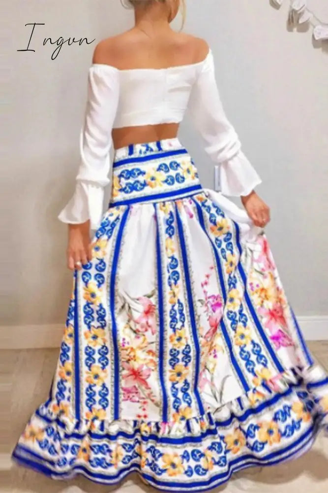 Ingvn - Sexy Print Flounce Contrast Off the Shoulder Long Sleeve Two Pieces