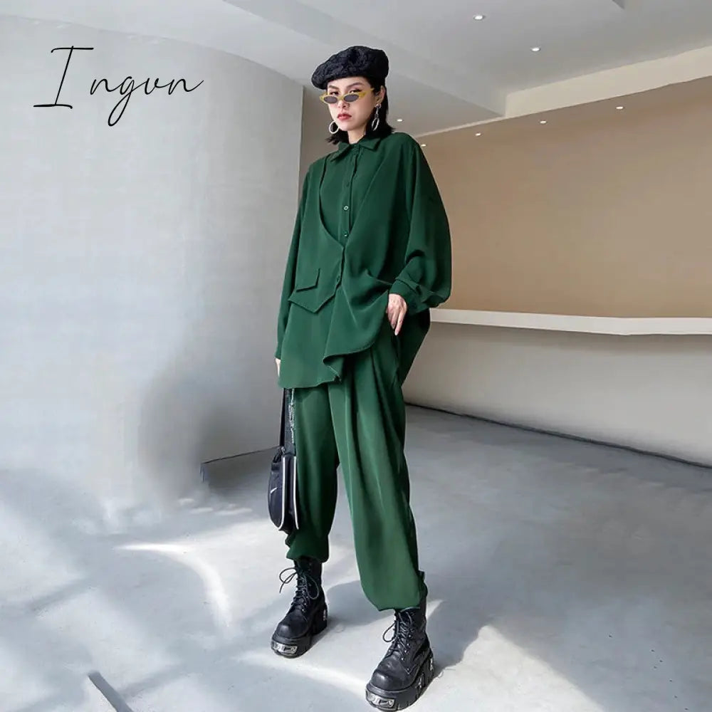 Ingvn - Wide Leg Pants Irregular Big Size Two Piece Suit New Lapel Long Sleeve Loose Fit Women Fashion Spring Autumn