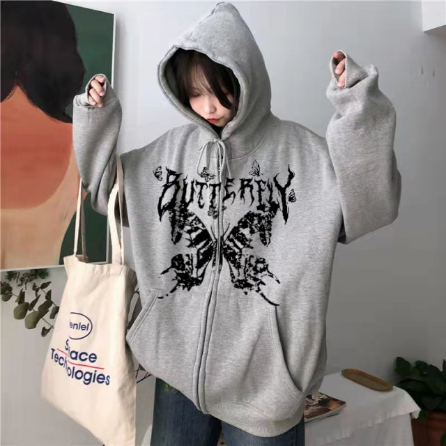 Y2K Retro Dark Gray Butterfly Zipper Hooded Sweatshirt 90s Harajuku Punk Gothic Zip Up Hoodie Long-sleeved Loose Jacket