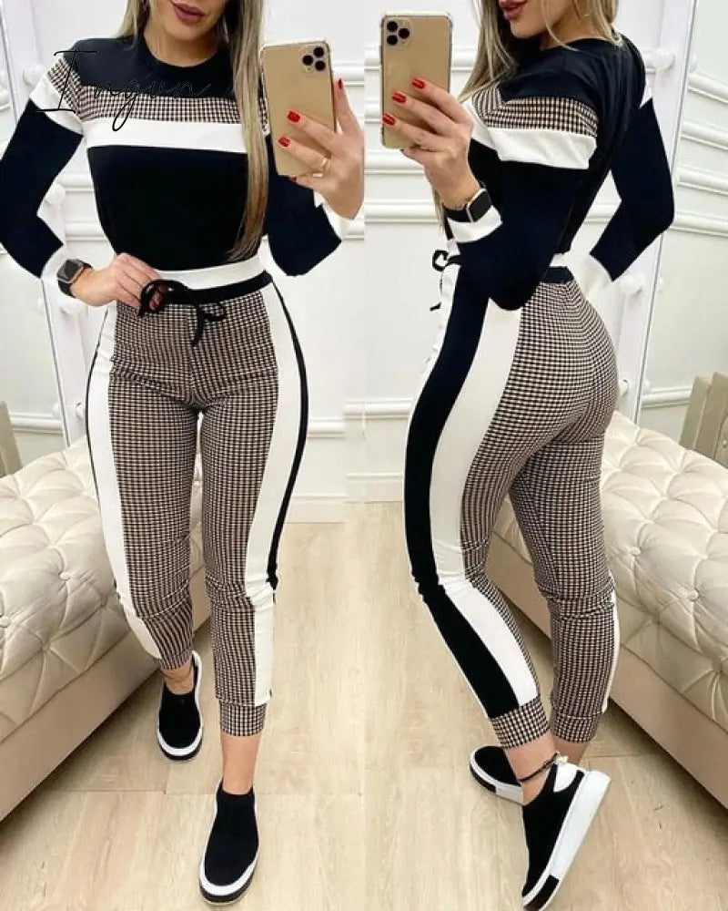 Ingvn - Colorblock Plaid Striped Short Sleeve Tape Top & Drawstring Pants Set Casual Basic Women Two Piece Set