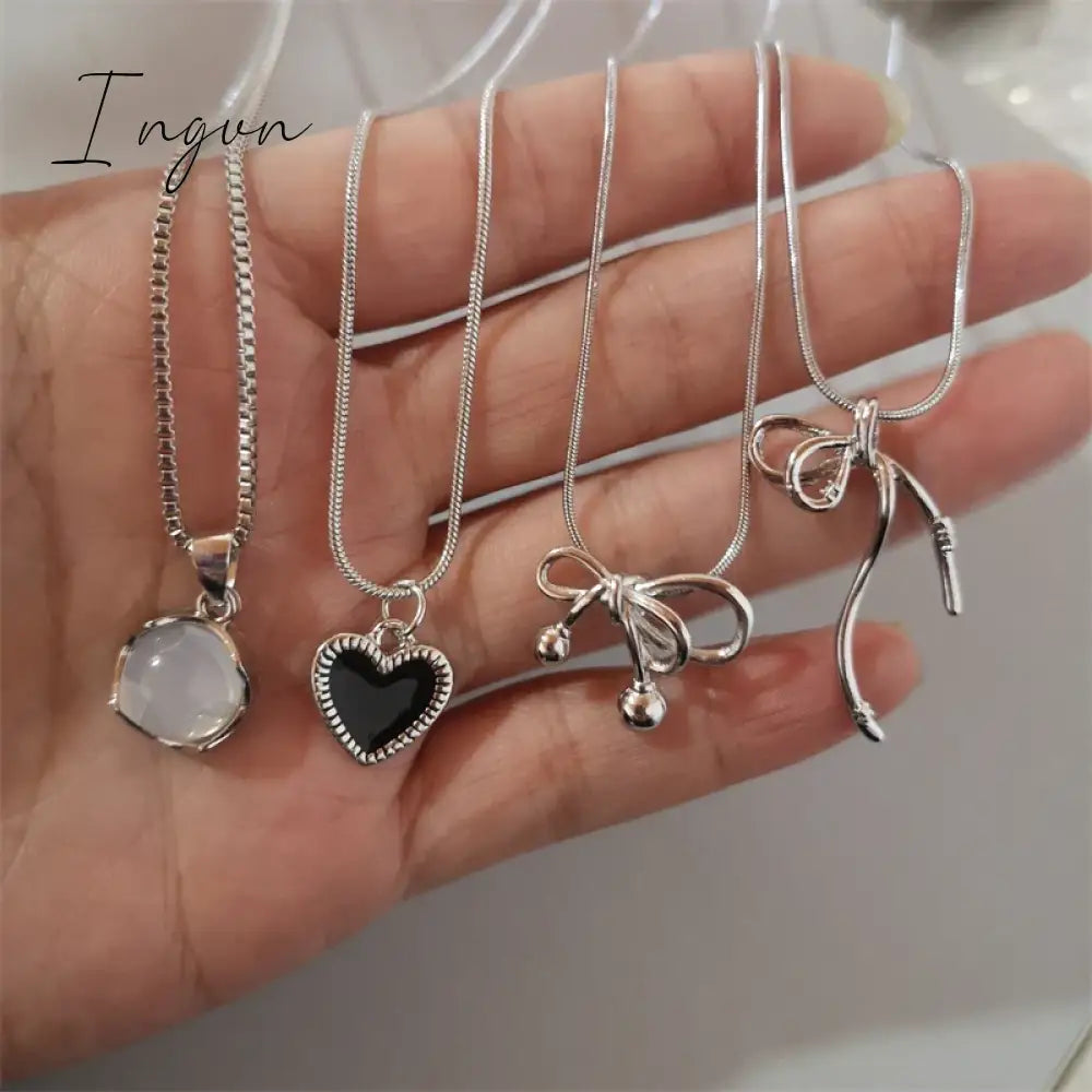 Fashion Silver Color Elegant Bowknot Heart Pendant Necklace Clavicle Chain Fine Aesthetic Jewelry For Wedding Party Women Gifts