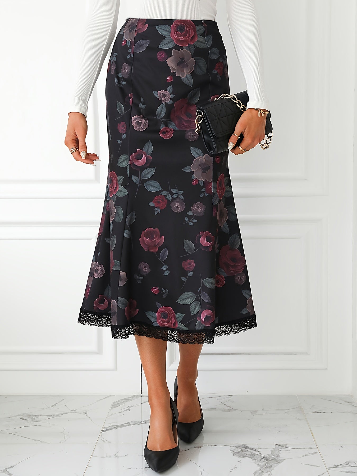 Floral Print Lace Trim Skirt, Elegant High Waist Bodycon Ruffle Midi Skirt, Women's Clothing