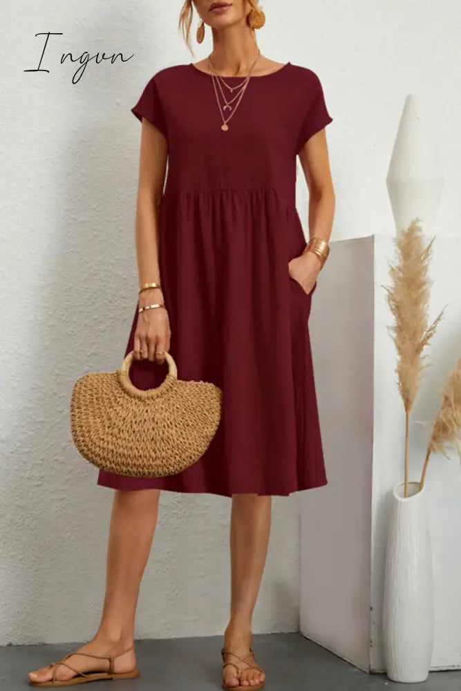 Ingvn - Casual Solid Patchwork O Neck A Line Short Sleeve Dress(11 Colors)
