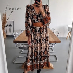 Ingvn - Women Fashion Pattern Printed Dress Autumn Office Casual Long Sleeve Pleated Dress Lady Vintage Loose High Waist Dresses Vestido