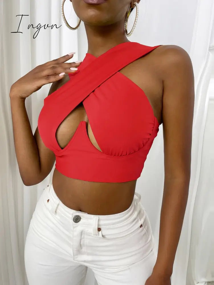 Ingvn - Women's Criss Cross Tank Tops Sexy Sleeveless Solid Color Cutout Front Crop Tops Party Club Streetwear Summer Lady Bustier Tops