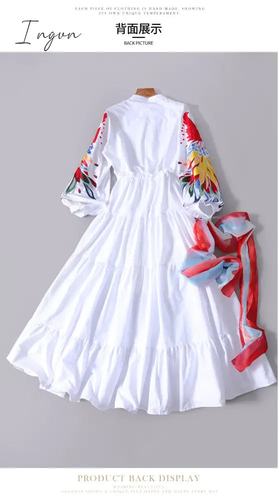 Ingvn - High Quality Luxury Design Runway Female Elegant Embroidery Women Dress Lantern Sleeve High Waist Maxi Long Dresses