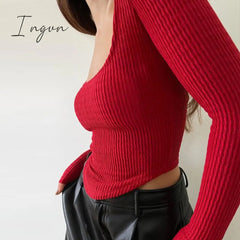 Ingvn - Crop Top Streetwear Long Sleeve Women Basic Cropped Skinny Casual Autumn Winter Sexy Ruched T Shirts Ins Red Tops