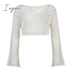 Ingvn - Hot Sell Irregular Hollow Out Knitted Y2K T-Shirts Women Summer Vacation Clothes O Neck Flare Sleeve See Through Casual Tops