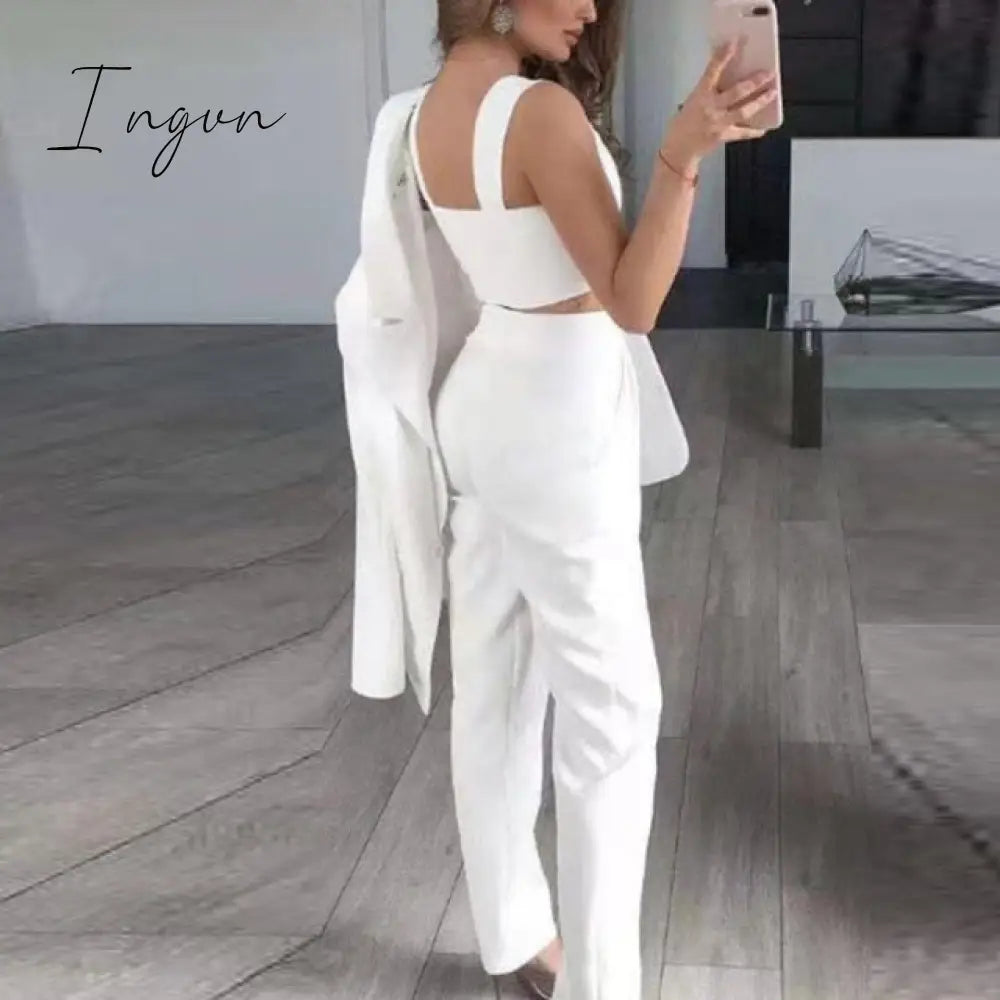 Ingvn - Woman Vintage Black Slim Fit Blazer 3 Pcs Suit Autumn Elegant Female Solid Matching Sets V-Neck Casual Office Three Piece Set