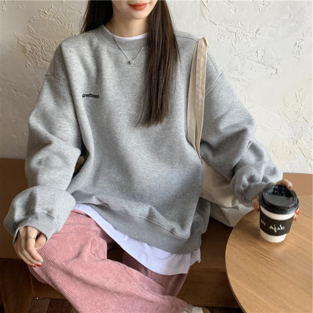 Autumn Winter Girl Korean Version Oversized Hoodies Street Style Letter Embroidery Sweatshirt Fleece Thick Pullover Tops Femmes