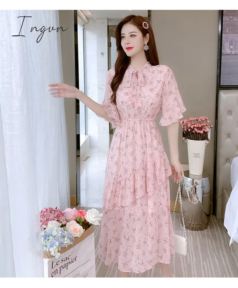 Ingvn - Women Mini Dress Spring New V-neck Floral Chiffon Dress High Waist Flare Sleeve Female Dress Woman's Dress KarolyiDora KA88