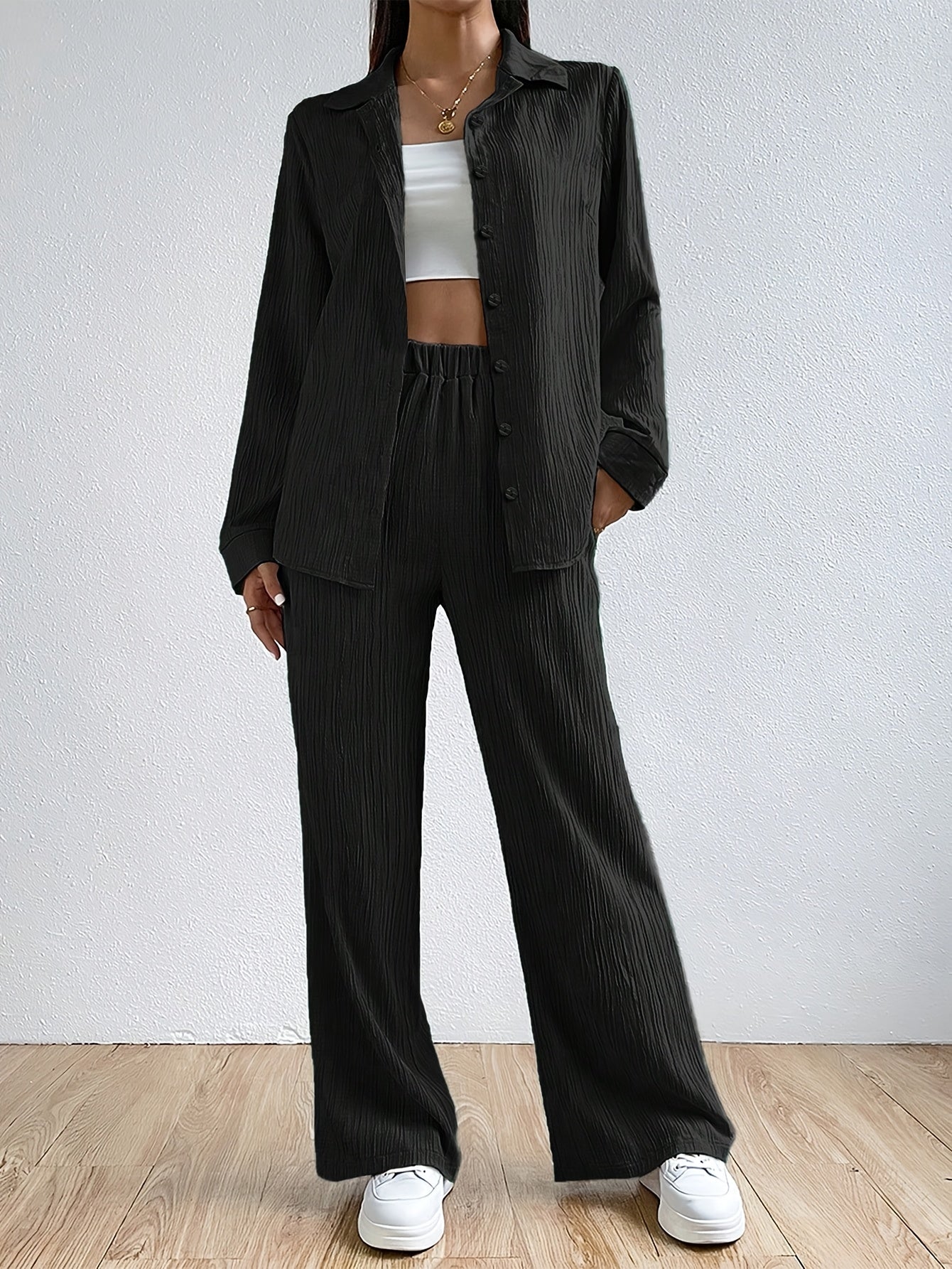 Stylish Solid Color Pantsuits - Women's Clothing - Long Sleeve Button Front Collared Shirt, Elastic Waist Wide Leg Pants, Comfortable Outfits for Daily Wear, Office, Party, and Casual Occasions
