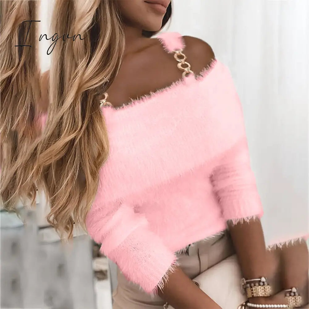 Ingvn - Elegant Off Shoulder Knitted Sweater Women Winter Slim Oversized Sweaters Pullovers Autumn Solid Color Jumper Pull Femme