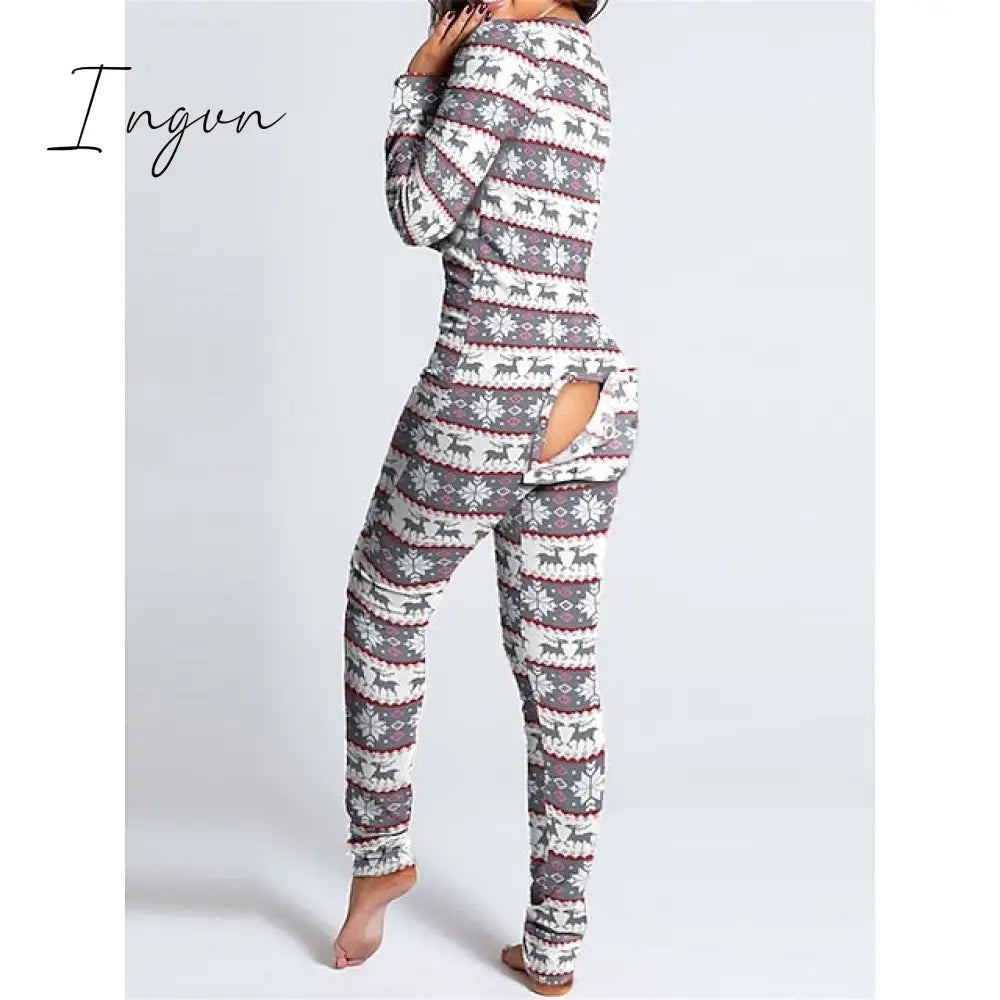Ingvn - Women's Pajamas Jumpsuit Elk Snowflake Casual Comfort Soft Home Christmas Daily Polyester Breathable V Wire Long Sleeve Hole Fall Winter White Red
