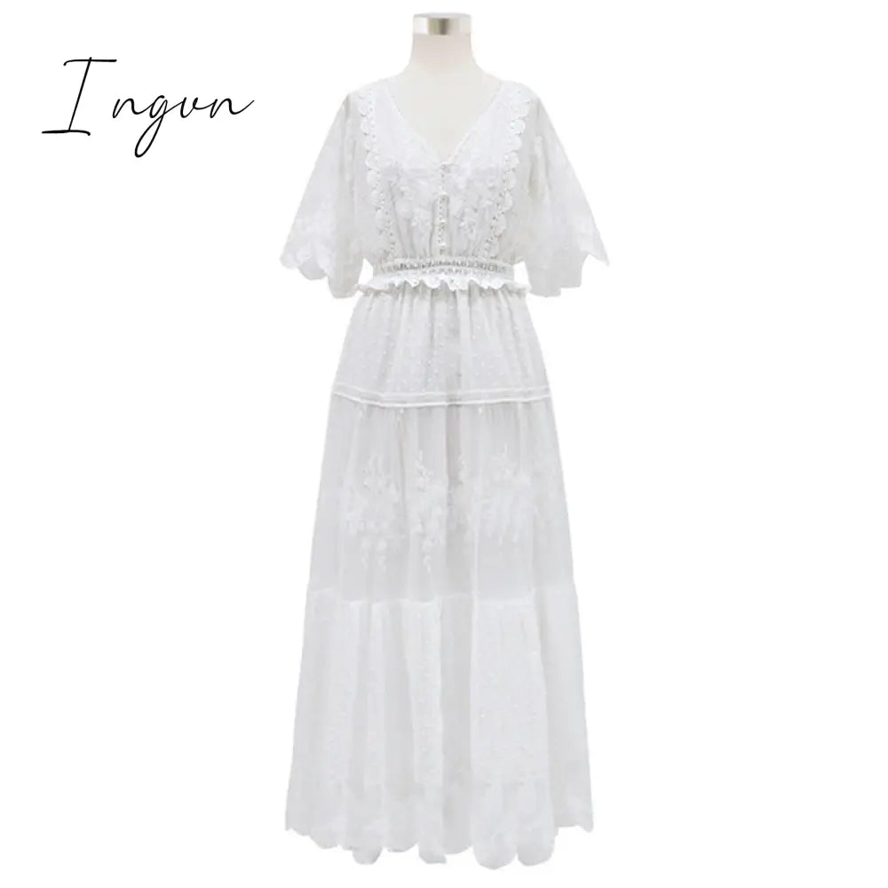 Ingvn - Hollow Out White Dress Sexy Women Long Lace Dress Cross Semi-Sheer Plunge V-Neck Short Sleeve Lace Maxi Dress