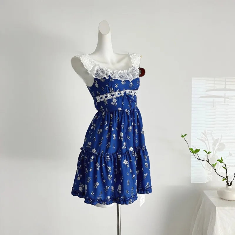 New Vintage Blue Lace Floral Dress Woman Holiday Sext Backless Midi Dress Casual Sleeveless Korean Fashion Dress Chic