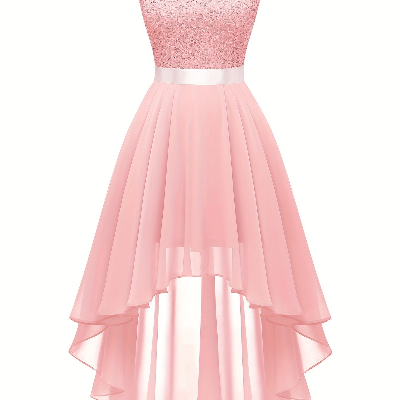 Contrast Lace Asymmetric Hem Wedding Dress, Elegant Solid Bow Waist Tank Dress For Party & Banquet, Homecoming Dress, Women's Clothing
