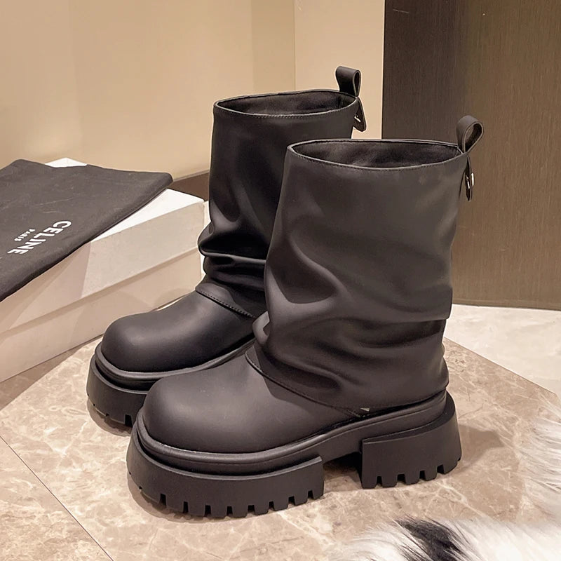 Ingvn  Winter Punk Style Women Knee High Boots Fashion Slip On Knight Long Booties Ladies Platform Thick Heels Botas Mujer