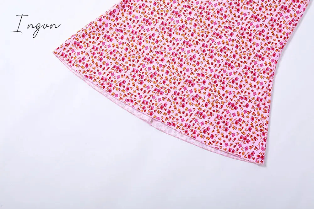 Ingvn - New Fashion Summer Casual Beach Pink Floral Print Dress Bodycon Long Strap Ruched Women Sexy Club Party Dress