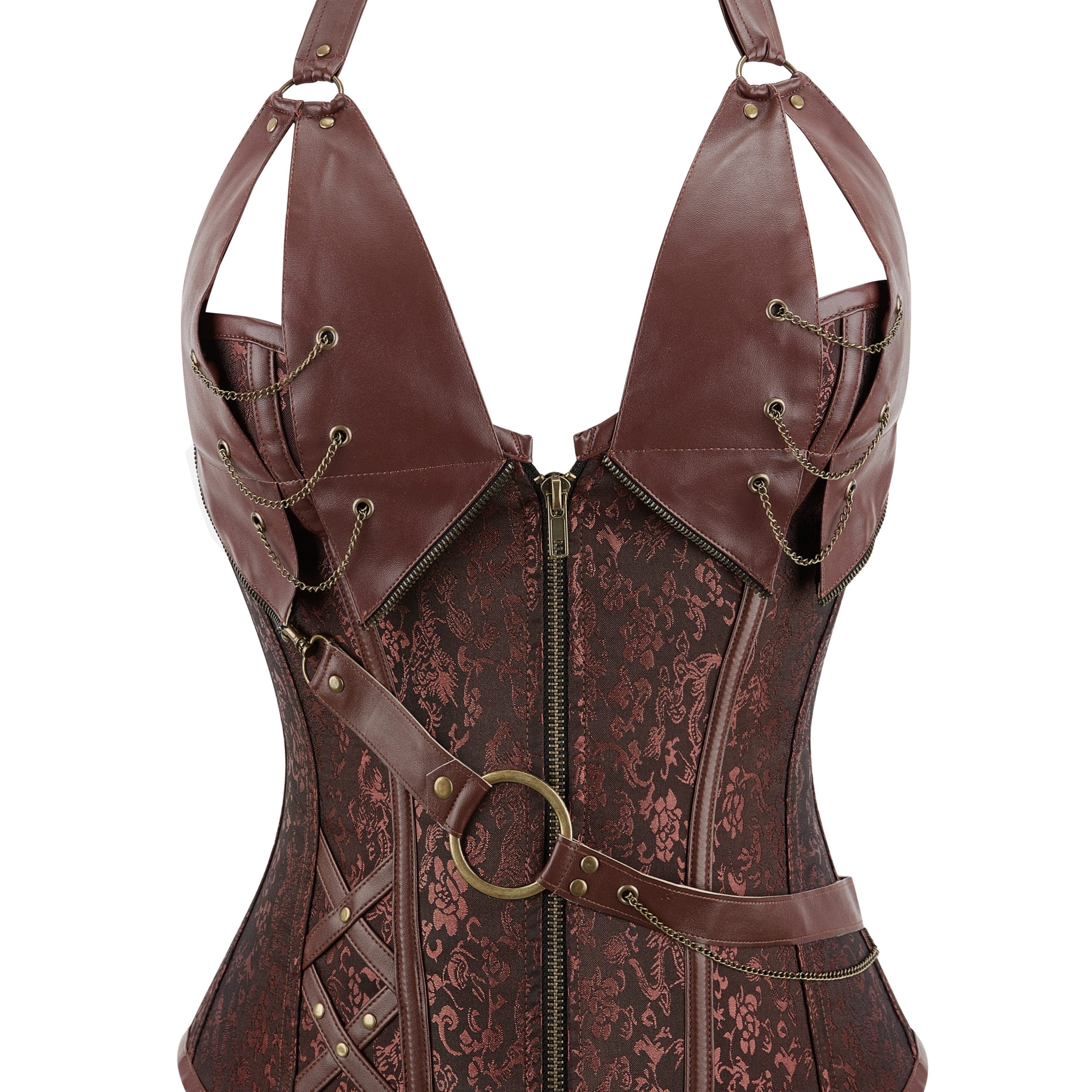 Plus Size Gothic Floral Jacquard Corset Body Shaper - Firm Tummy Control, Adjustable Lace-Up & Chain Decor - Silhouette-Sculpting Zipper Shaper for Women