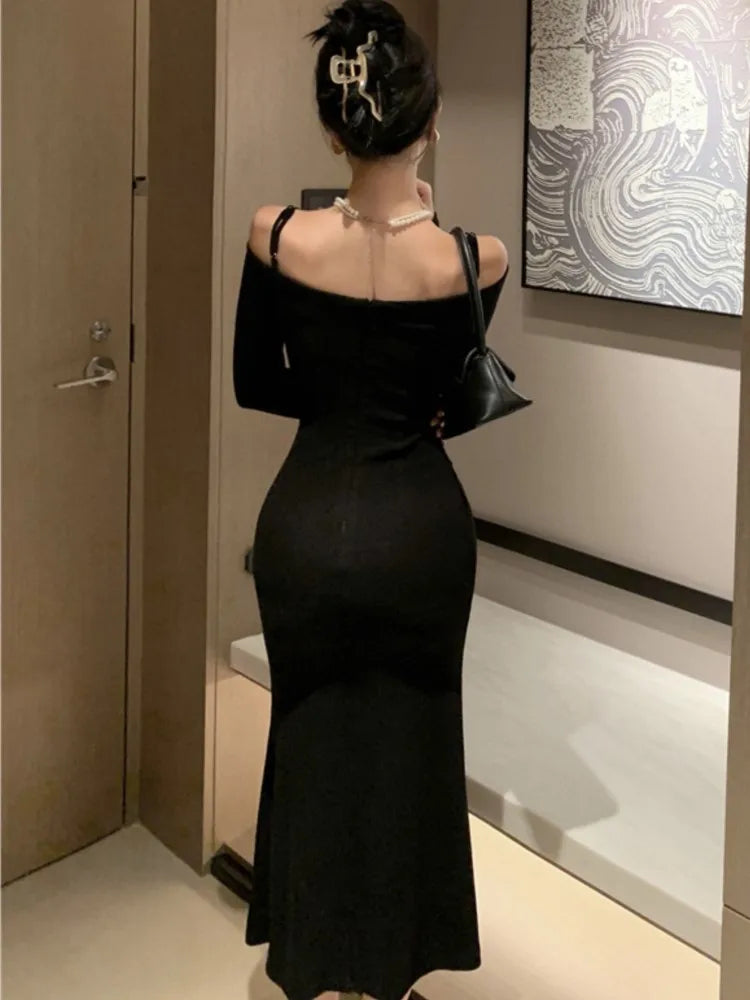 French Sexy Bodycon Knitted Mermaid Dresses Women Hollow Out Spaghetti Strap Corset Slim Waist Evening Party Dress Prom Vestidos